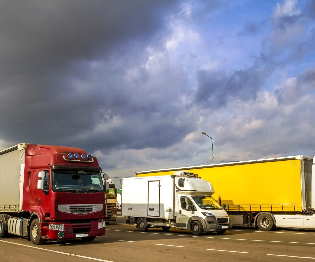 Colorful modern big semi-trucks and trailers of different makes and models stand in row on flat parking lot of truck stop in sunshine